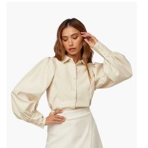 Faux Leather Puff Sleeve Button Top